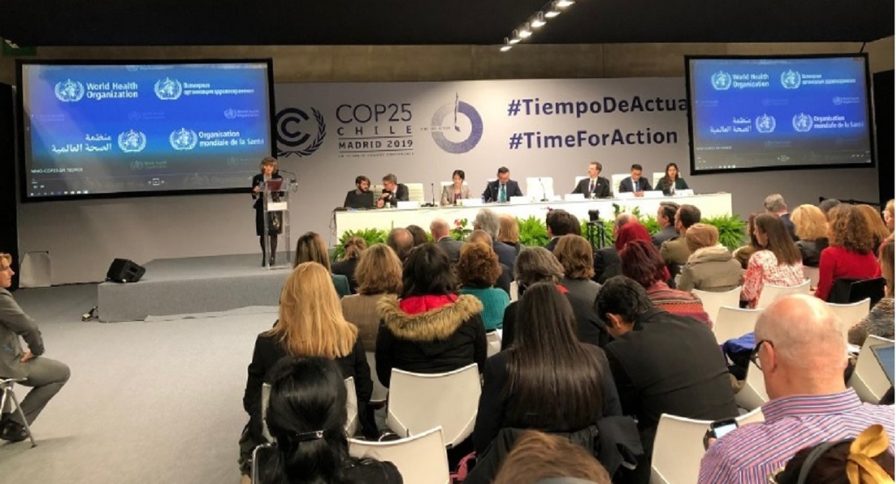 La ministra de Sanidad, María Luisa Carcedo, durante su intervención en la cumbre del clima COP25. 