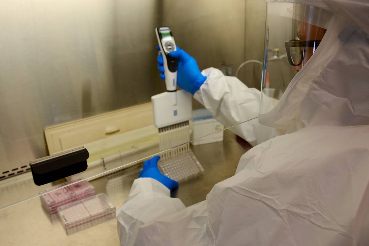 Timothy Sheahan en un laboratorio de alta seguridad manipula coronavirus.