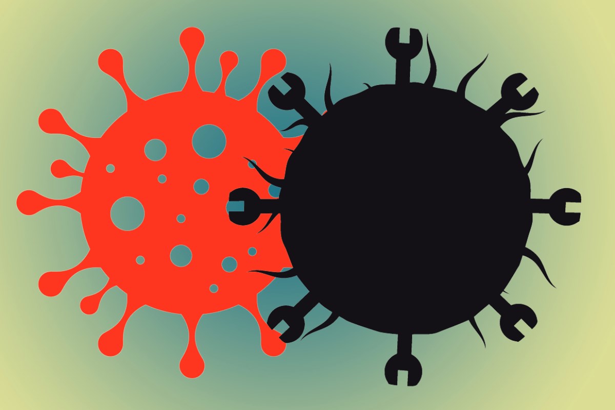 Montaje esquemático de una célula CAR-T y un virus SARS-Cov-2 