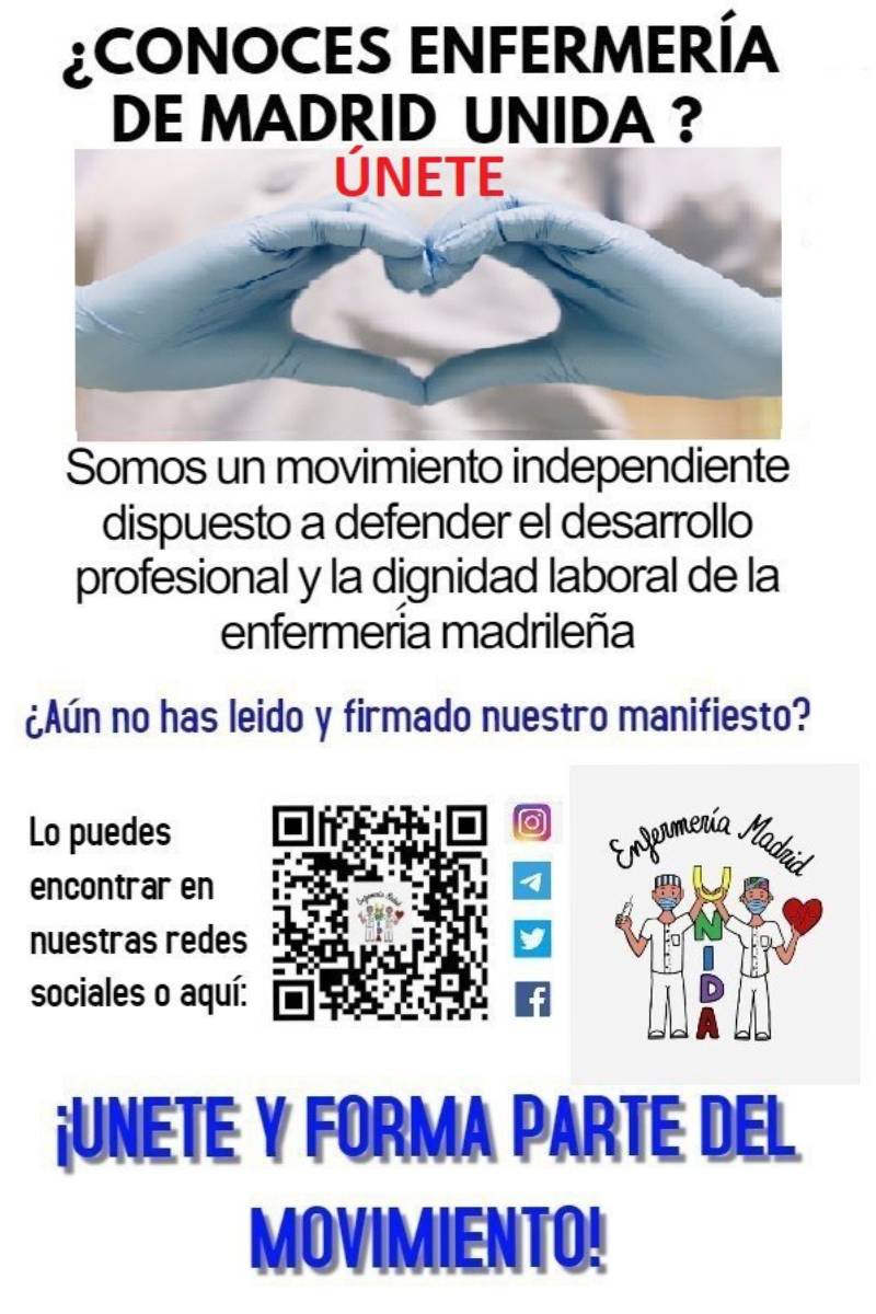 Enfermería de Madrid Unida está pegando carteles por los hospitales y centros de salud para hacer llegar sus reivindicaciones a pacientes y profesionales.