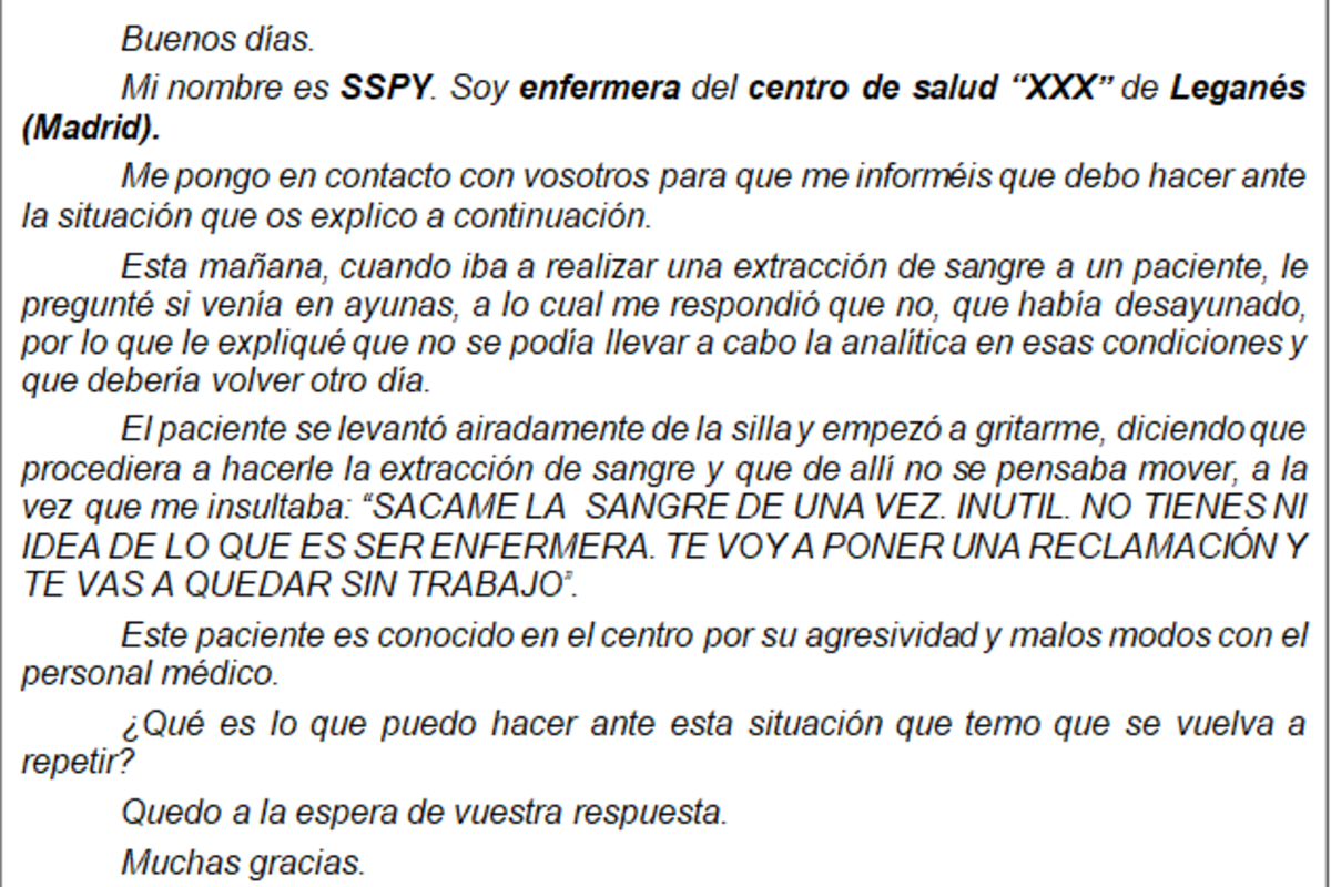 Ejemplo de consulta para el correo del Interlocutor Policial Sanitario