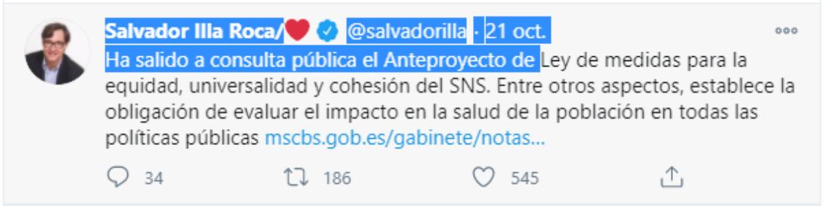 Tweet del ministro de Sanidad, Salvador Illa, anunciando la consulta pública del anteproyecto de la Ley de Cohesión.