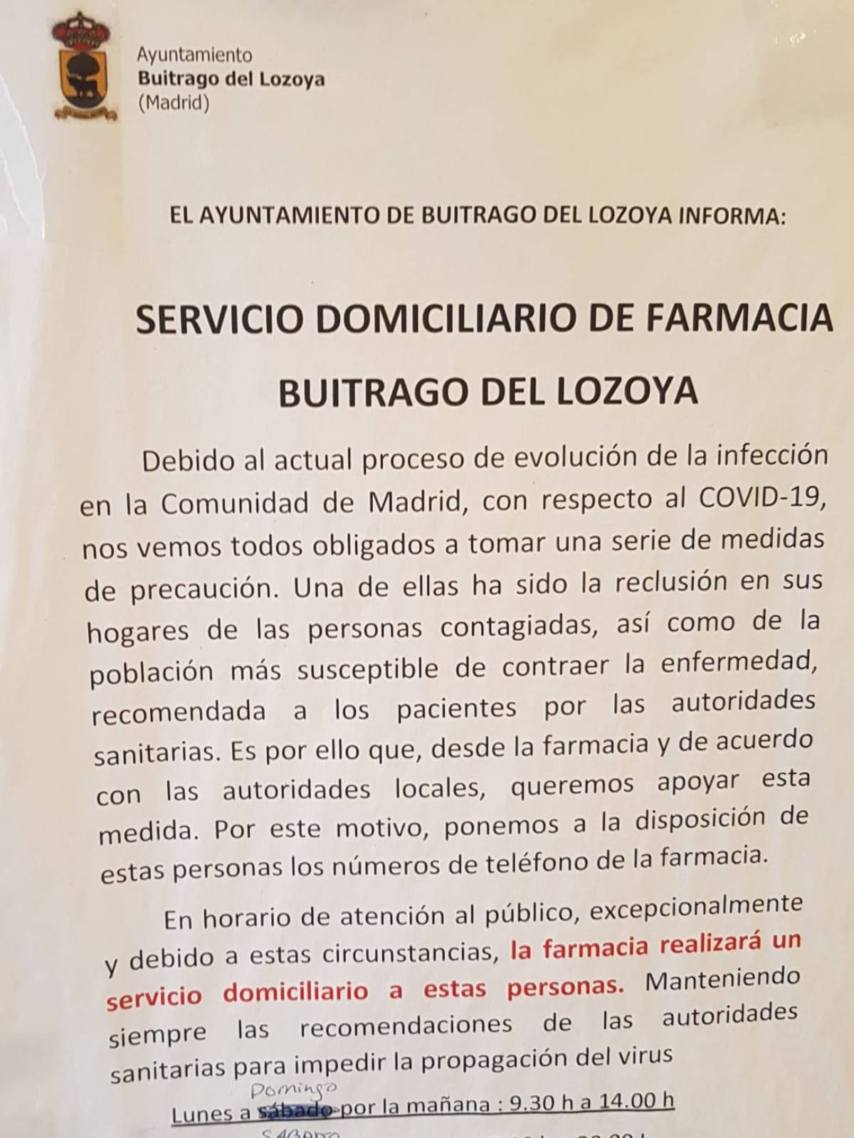 Bando de Buitrago de Lozoya donde la farmacéutica Raquel Casado ofrecía su servicio domiciliario de medicamentos.