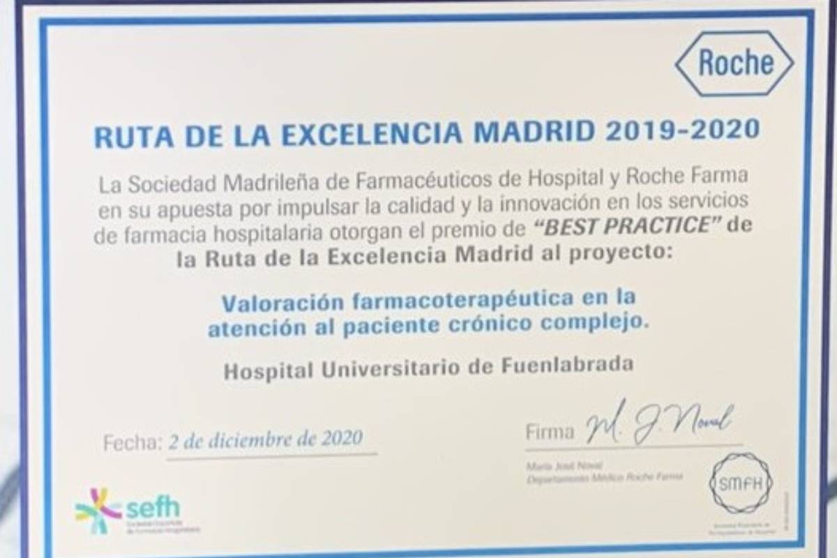 Diploma conseguido por el Hospital de Fuenlabrada (Madrid).