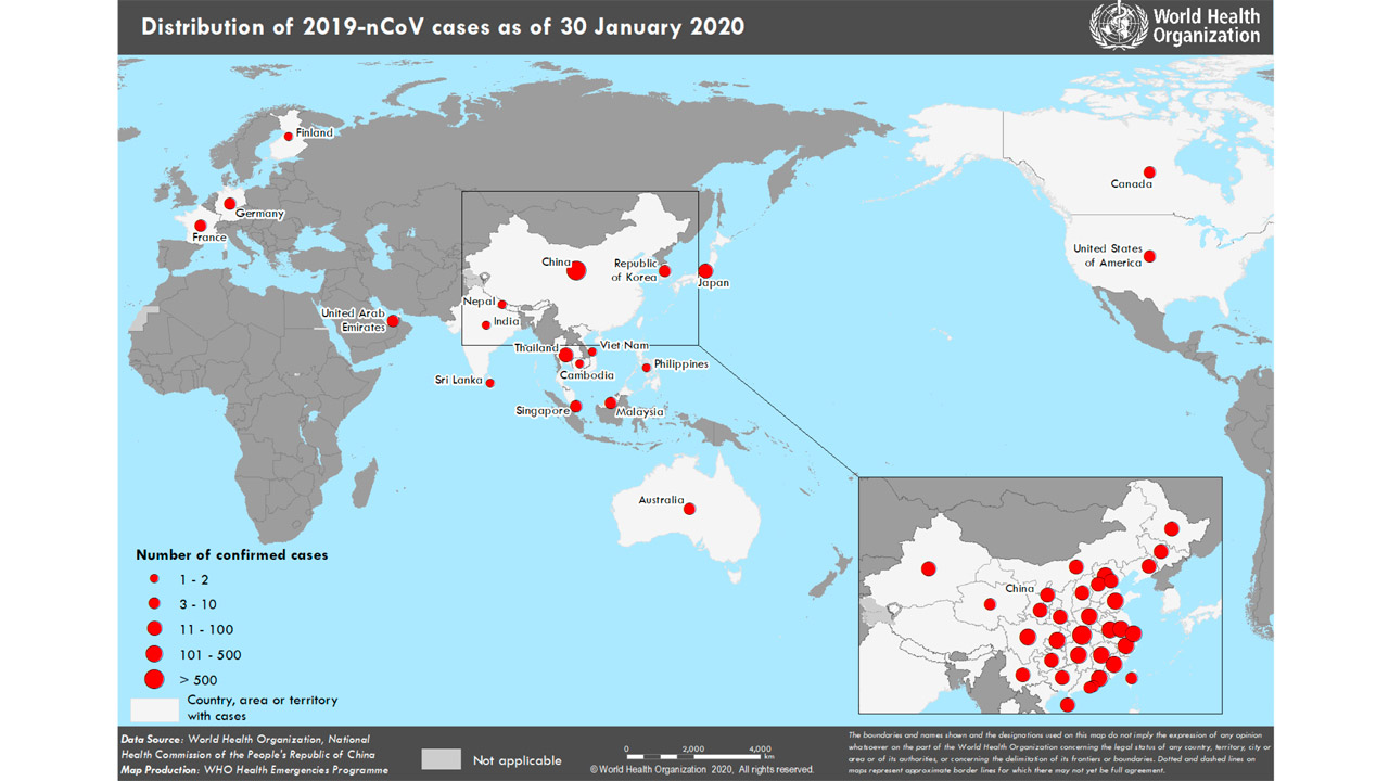 Mapa con los casos de coronavirus confirmados a 30 de enero de 2020.