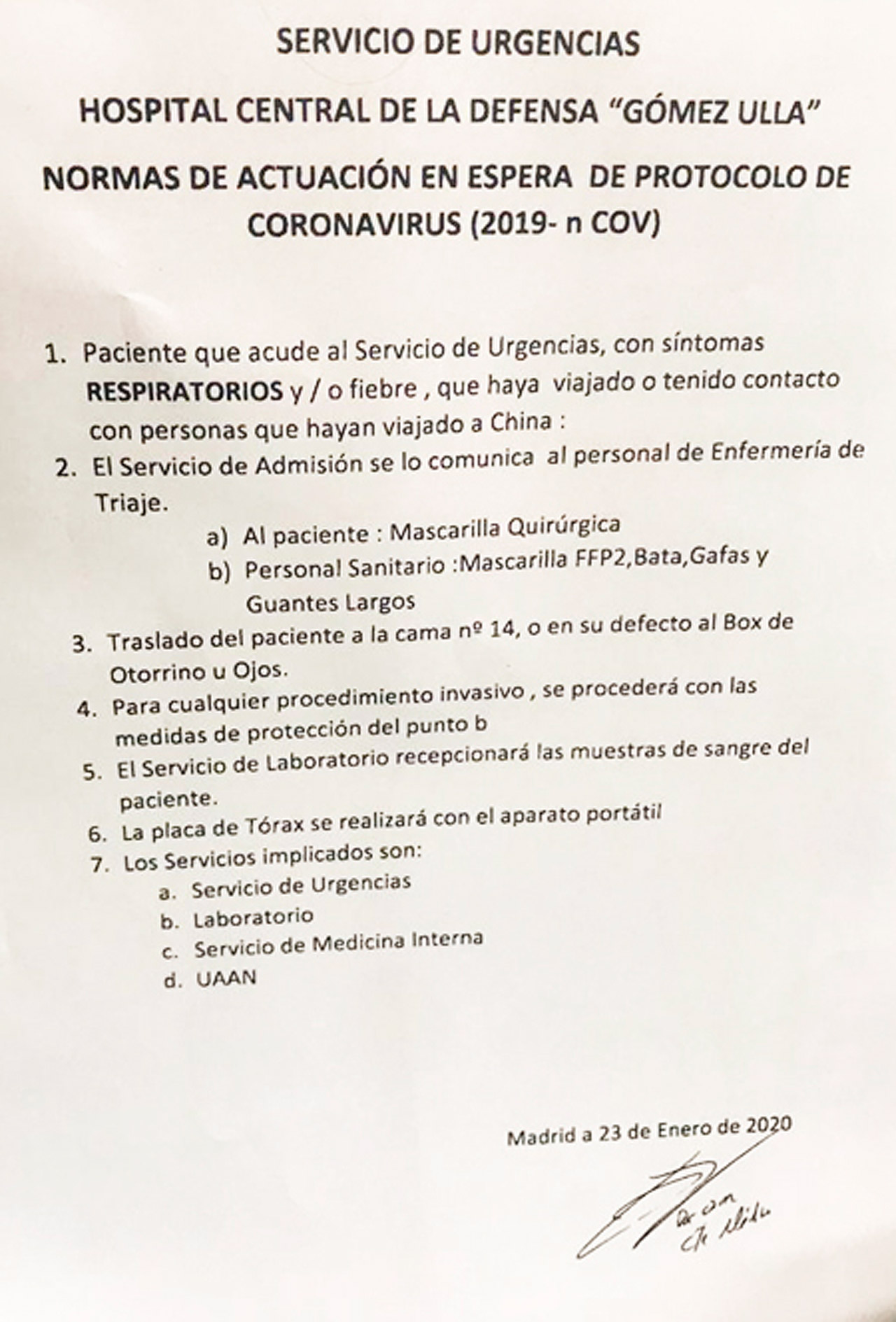Instrucciones recibidas por el personal de Urgencias del Gómez Ulla.