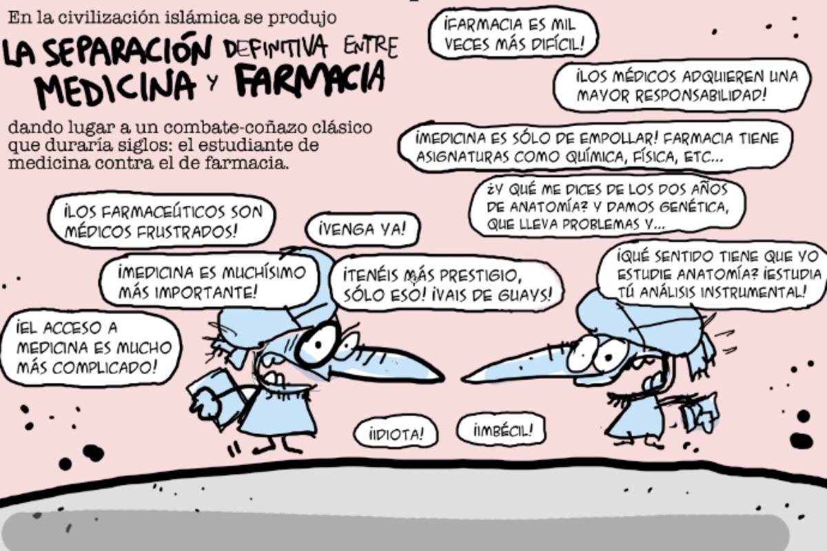 Viñeta de Íñigo Ansola en la que se plasma la separación de Farmacia y Medicina.