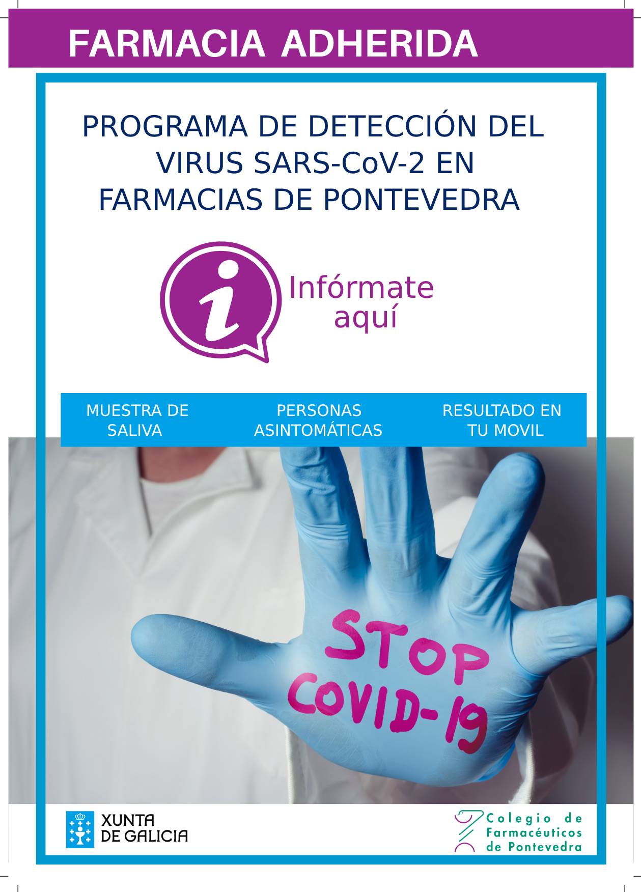 Cartel del cribado covid a jóvenes en las farmacias de Pontevedra.