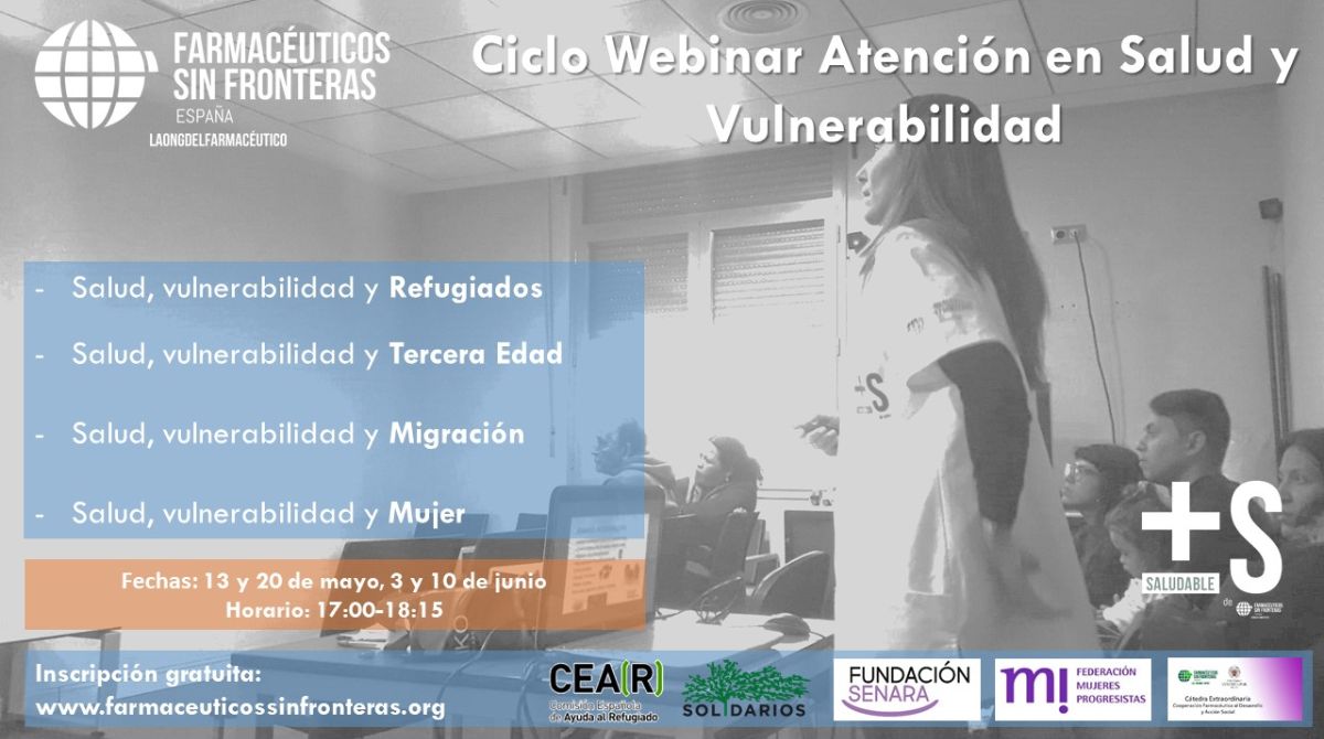 Cartel informativo sobre el ciclo de webinar que organiza Farmacéuticos Sin Fronteras España.