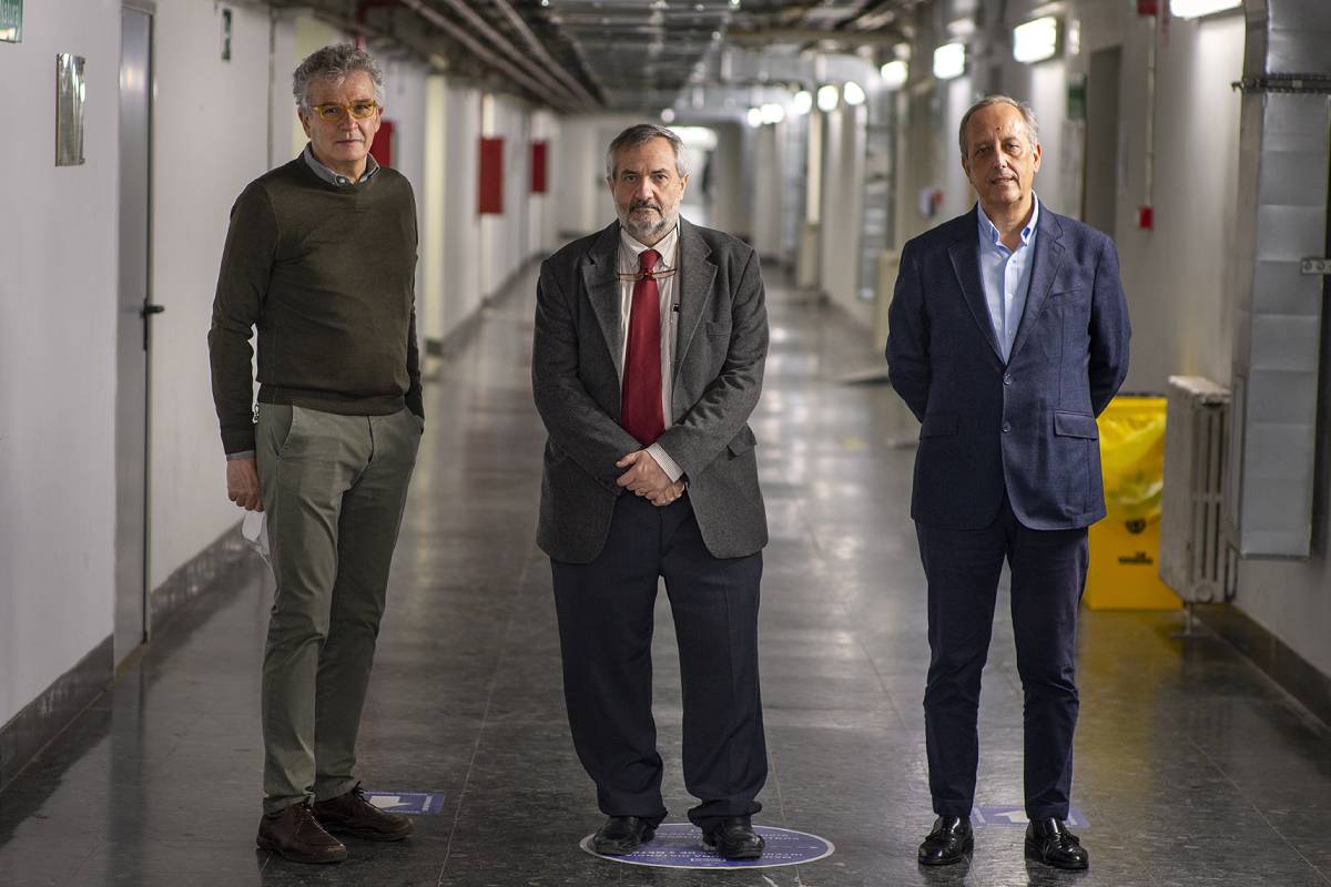 José Manuel Bautista, catedrático de Bioquímica y Biología Molecular de la Facultad de Veterinaria; Jesús Pérez Gil, catedrático de Bioquímica y Biología Molecular y decano de la Facultad de Ciencias Biológicas, y Javier Arroyo Nombela, catedrático de Microbiología de la Facultad de Farmacia. 