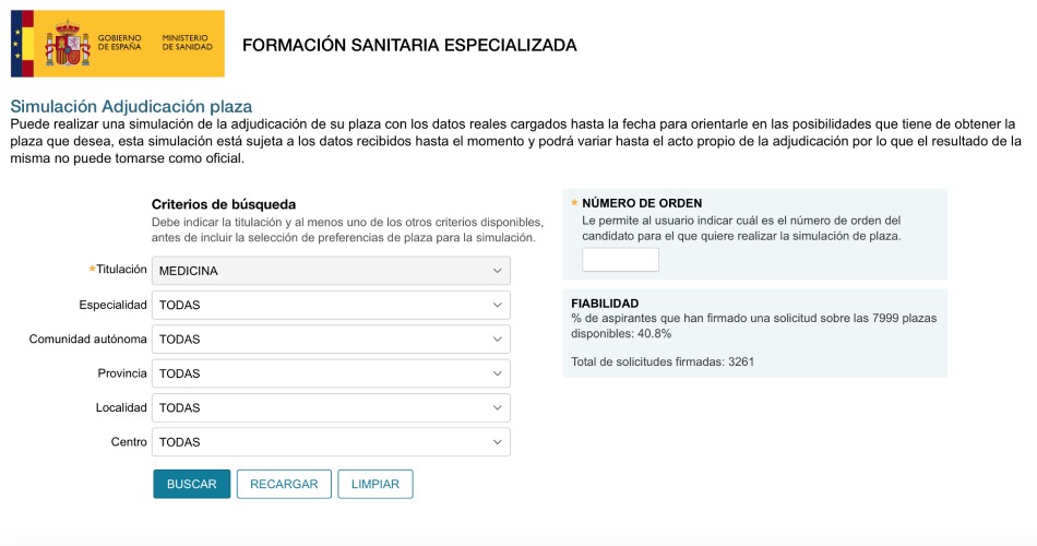 Página principal de la aplicación 'SIMULE', que hoy ha activado el Ministerio de Sanidad en su web para facilitar información sobre las plazas vacantes.