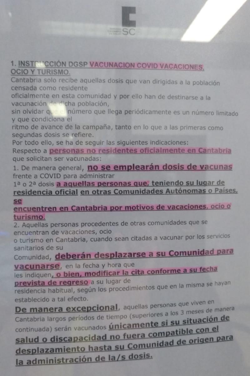 Documento de instrucciones de Cantabria sobre vacunación contra la covid.