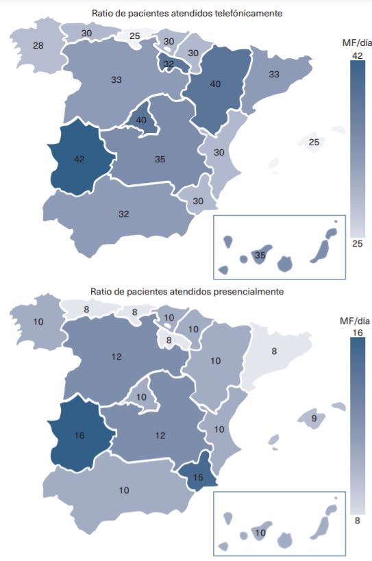 Ratios de consultas por médico o médica de familia/día por comunidad autónoma. Julio de 2020 (Fuente: Semfyc)