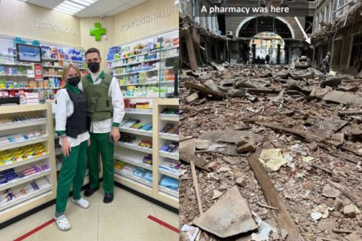 Farmacéuticos ucranianos con chalecos antibalas. A la derecha, ruinas de un edificio donde se ubicaba una farmacia. /FIP.