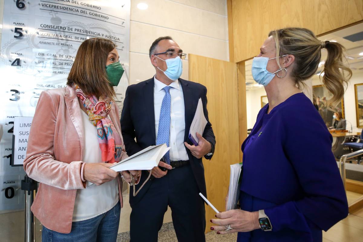 Los consejeros de Presidencia y Sanidad de Cantabria, Paula Fernández y Raúl Pesquera, con la presidenta del Colegio de Farmacéuticos de Cantabria, Rita de la Plaza. Foto: GOBIERNO DE CANTABRIA