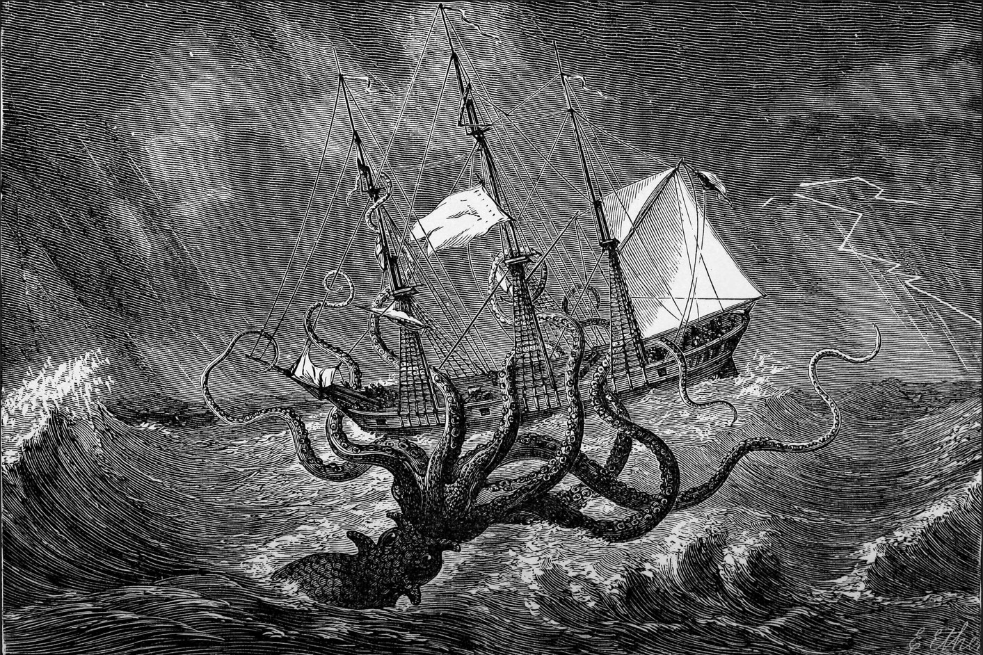 En la mitología nórdica, el kraken es un enorme pulpo que, emergiendo desde las profundidades marinas, destruye barcos y devora a los marineros. 