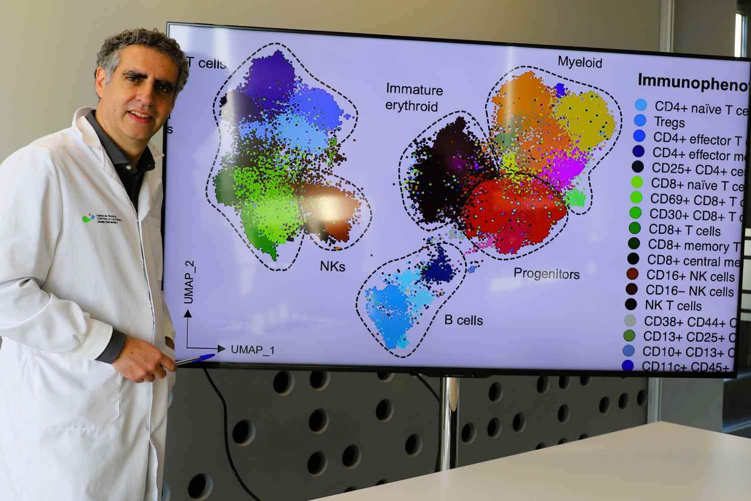 Manel Esteller, autor del estudio, con una representación de las miles de células de leucemia estudiadas. Foto: ME.. 