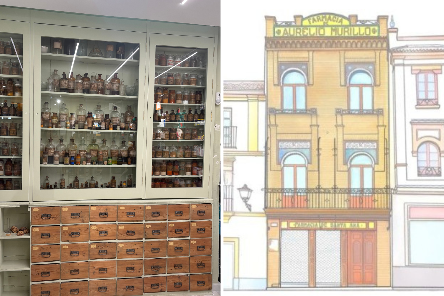 Colección de recipientes farmacéutico y boceto de la fachada protegida de la farmacia.