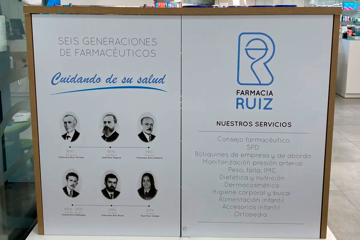 Las seis generaciones de farmacéuticos de la familia Ruiz.