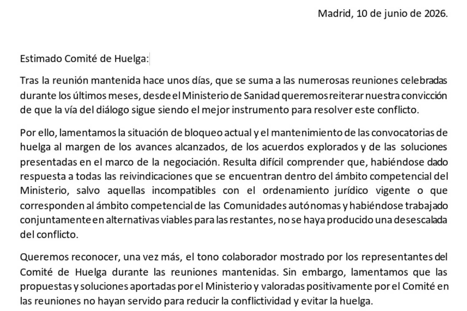 Encabezamiento de la carta enviada por Sanidad al Comité de Huelga.
