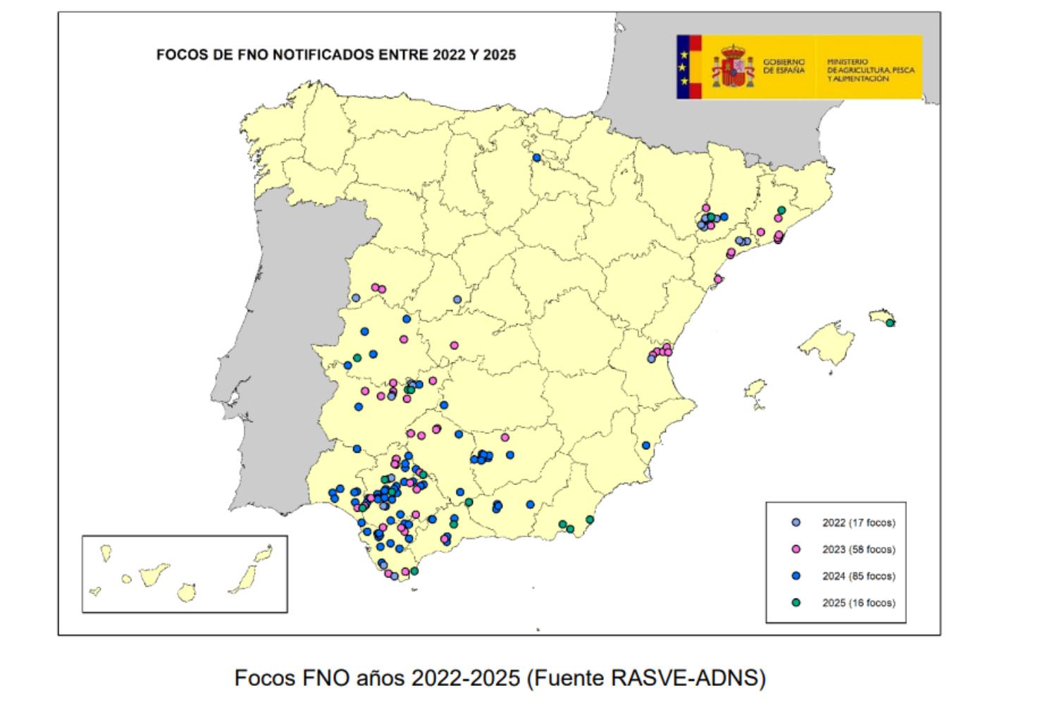 Focos de la Fiebre del Nilo Occidental (FNO) detectados entre 2022 y 2025. Fuente: MAPA.