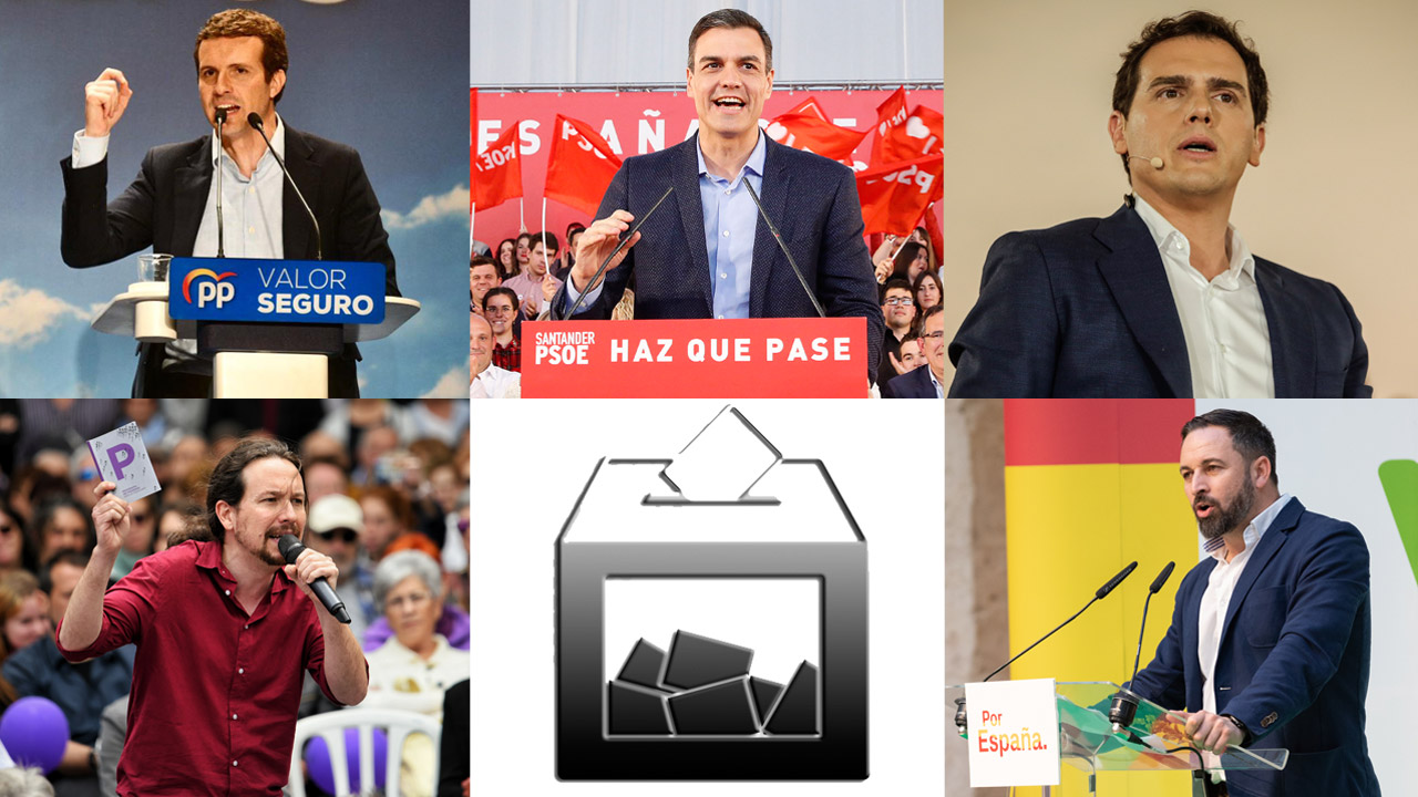 Pablo Casado (PP), Pedo Sánchez (PSOE), Albert Rivera (Ciudadanos), Pablo Iglesias (Podemos) y Santiago Abascal (Vox) optan a ocupar la Presidencia del Gobierno tras las elecciones del 28 de abril. 