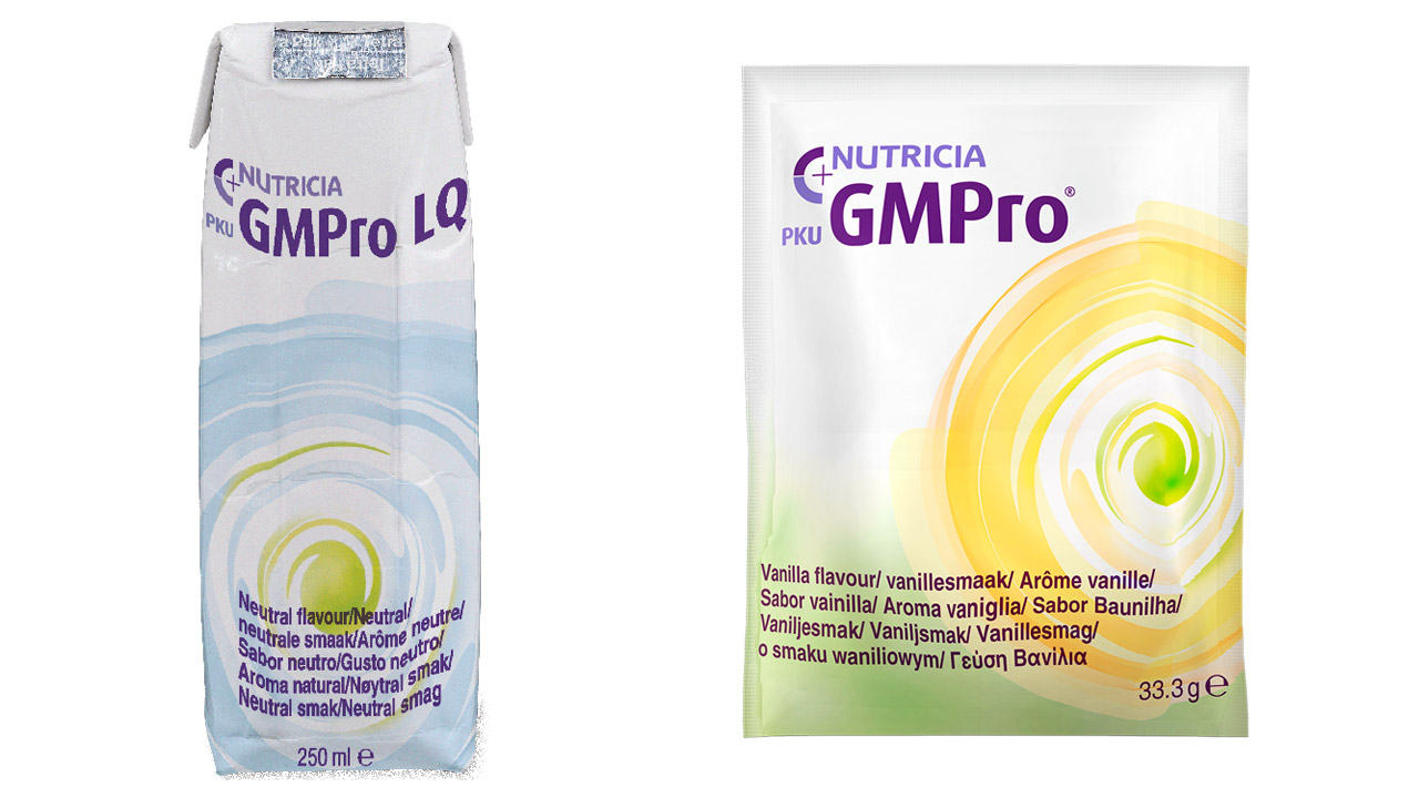 Presentaciones de 'PKU GMPro' en formato formato 'brick' líquido y en polvo. 