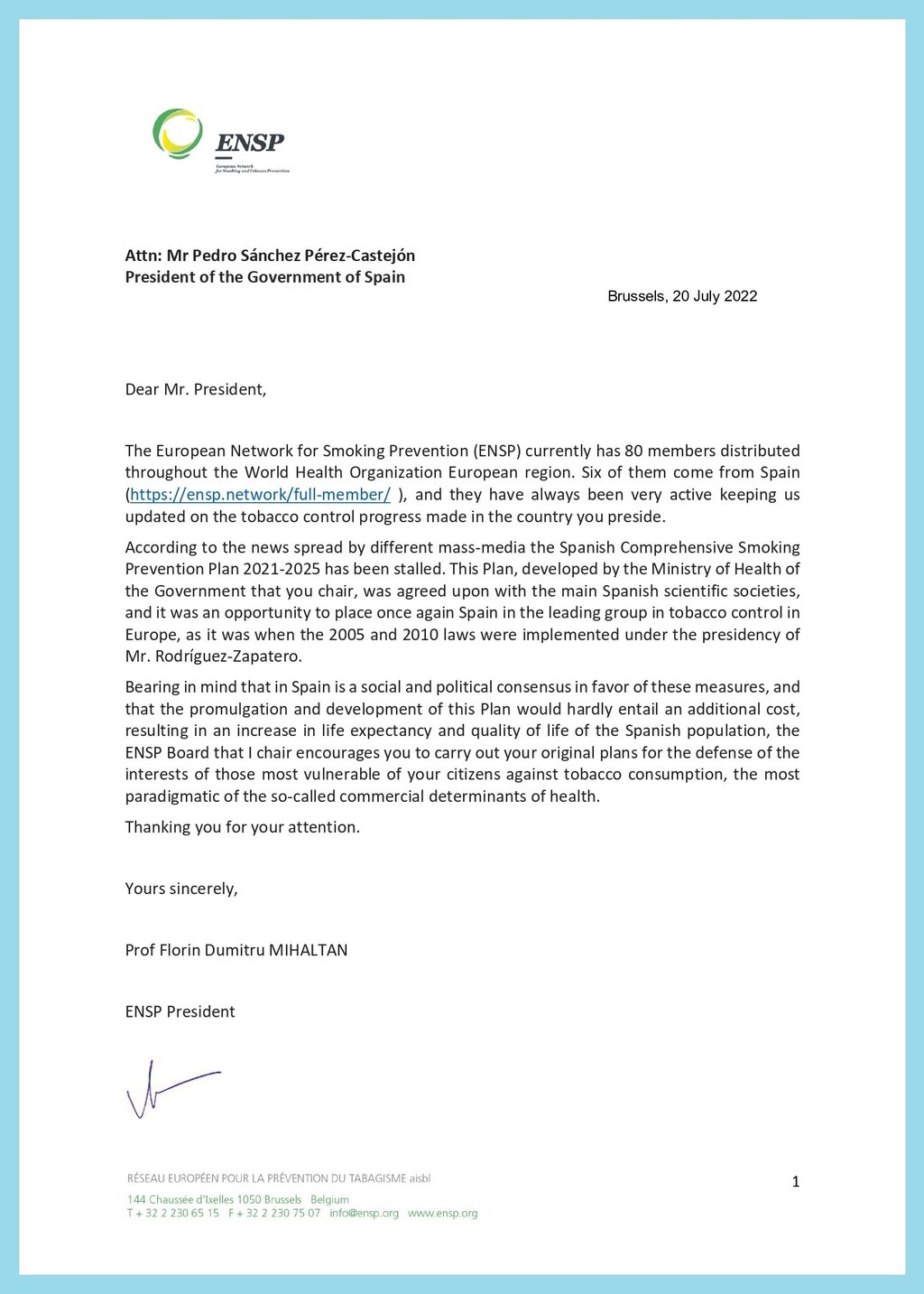 Carta enviada por la Red europea para la prevención del tabaquismo al presidente del Gobierno de España. Fuente: ENSP.