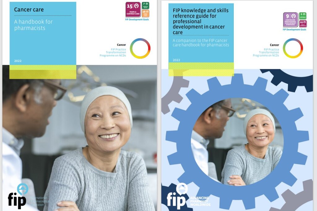 Portadas de los dos documentos publicado por la FIP sobre atención del cáncer dirigidos a farmacéuticos.