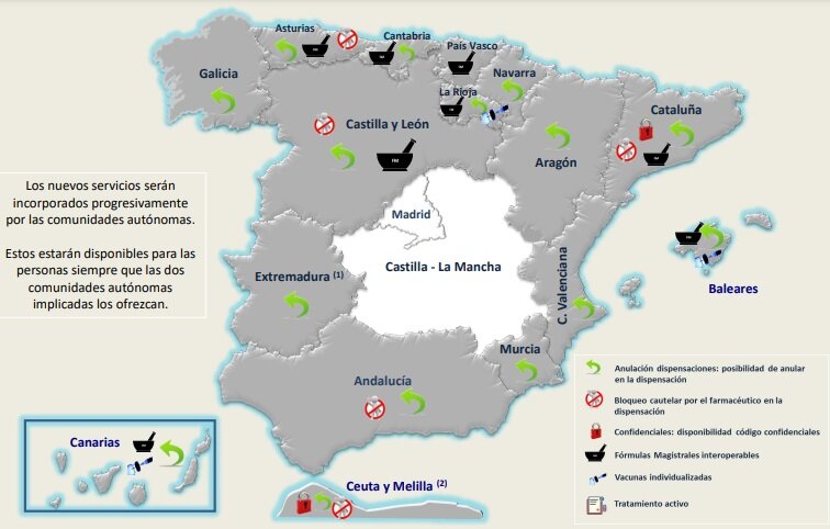 Implantación de servicios de la receta electrónica interoperables por autonomías, a 17 de enero de 2022. Fuente: MINISTERIO DE SANIDAD.