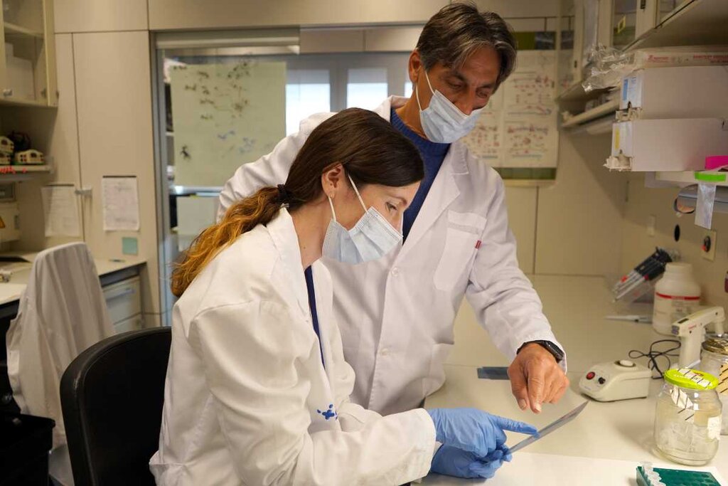 Juan Ángel Recio y Kimberley McGrail en su laboratorio del VHIR. Foto: HOSPITAL VALL d'HEBRON