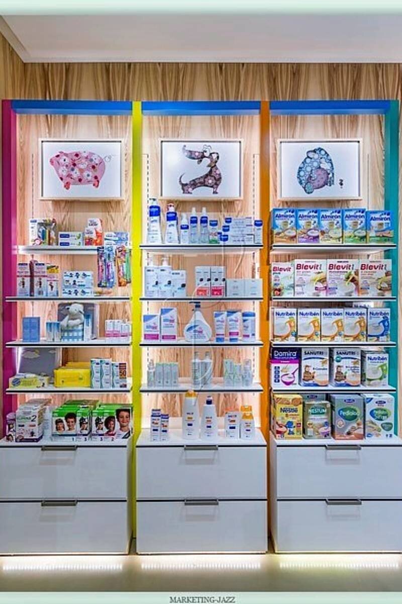 Ejemplo de limpieza, orden y organización del lineal de una farmacia.