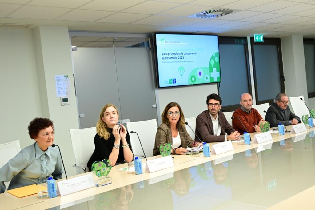 Mª Ángeles de la Torre, presidenta de Farmacéuticos en Acción; Nieves Mijimolle, vocal y delegada de Madrid de Farmamundi; Cristina Tiemblo, tesorera del Consejo General de Colegios Farmacéuticos; Xavier Medina, secretario de Fundación El Alto; Javier Adsara Grau, director y secretario general de la Fundación Nuestros Pequeños Hermanos, y Emilio Sastre Huerta, presidente de la Fundación Hospital Mayo. Foto: CONSEJO GENEAL DE COF.