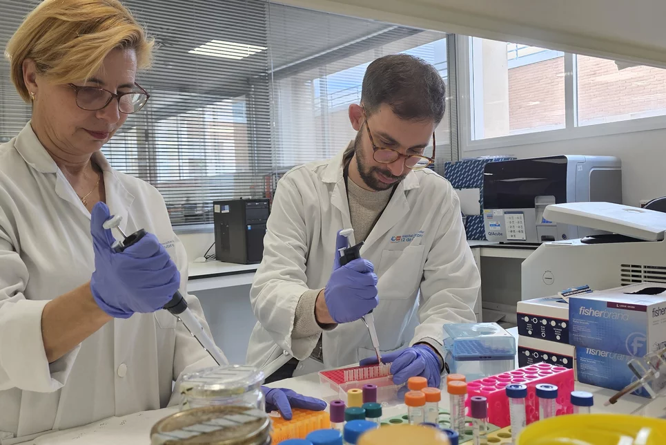 Los investigadores Cristian Suárez Cabrera y Marta Dueñas Porto, en el laboratorio de Oncología Molecular y Celular del Hospital 12 de Octubre.