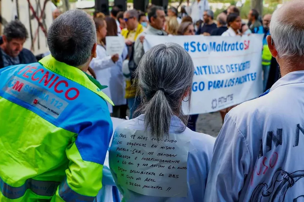 Profesionales sanitarios y ciudadanos han coincidido estos d�as en sus protestas contra el modelo de urgencias extrahospitalarias de la Comunidad de Madrid. Foto: EFE.