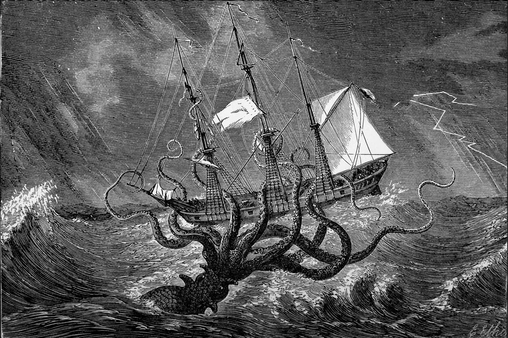 En la mitología nórdica, el kraken es un enorme pulpo que, emergiendo desde las profundidades marinas, destruye barcos y devora a los marineros.