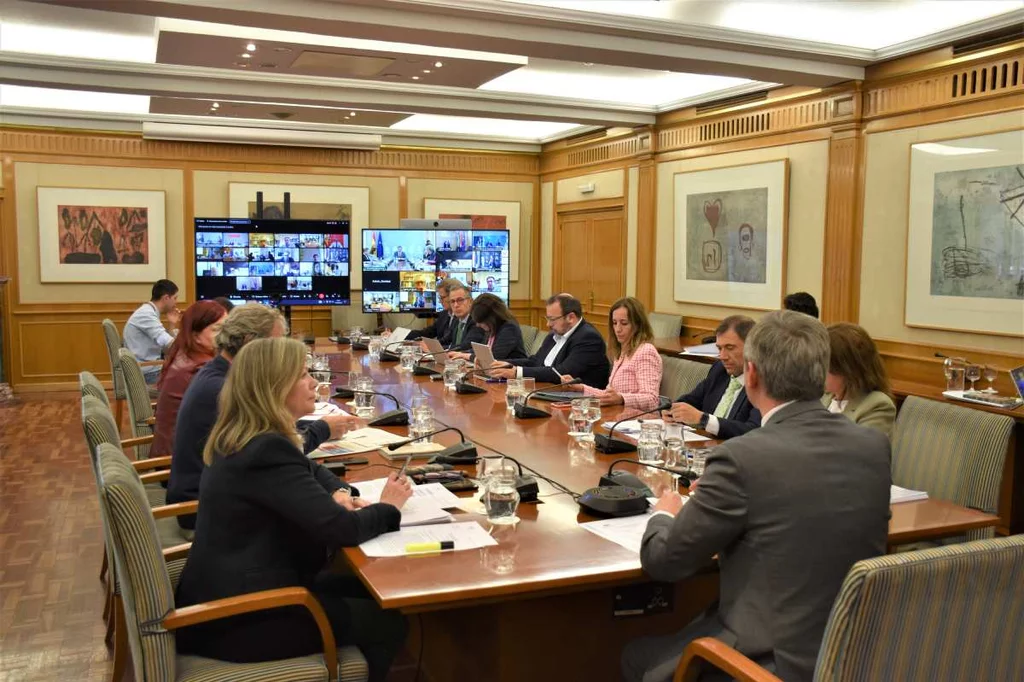El nuevo ministro de Sanidad, José Manuel Miñones (de espaldas), preside su primer Consejo Interterritorial, en este caso virtual, en la sede del ministerio, rodeado de su equipo. Foto: MINISTERIO DE SANIDAD.