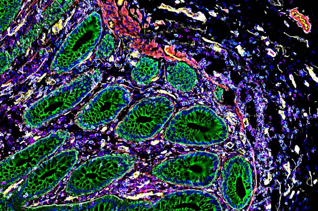 Los diversos colores de la imagen representan moléculas espec�ficas que se expresan dentro de diferentes tipos de células del intestino humano. Foto: STANFORD MEDICINE/ Laboratorios SNYDER/NOLAN/GREENLEAF. 