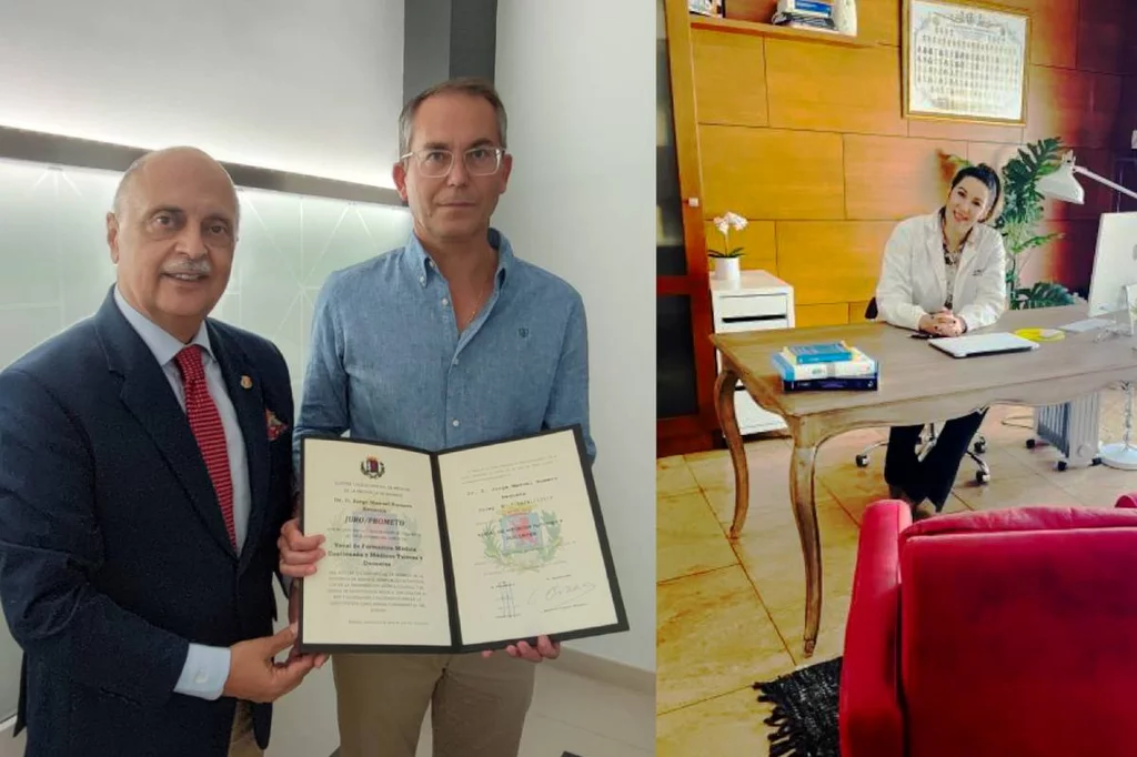 Romero Requena toma posesión de su cargo, junto al presidente colegial, Pedro Hidalgo (izquierda), y Gajardo Galán, en su despacho. Foto: COLEGIO DE BADAJOZ.