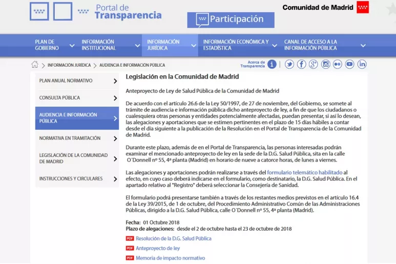 Portal de Transparencia de la Comunidad de Madrid. el Anteproyecto de Ley de Salud Pública, en consulta pública