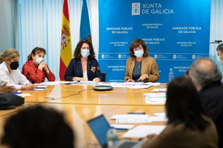 En el centro, con chaqueta marrón, Ana María Comesaña Álvarez, directora general de Recursos Humanos del Servicio Gallego de Salud, preside la mesa sectorial. Foto: XUNTA DE GALICIA