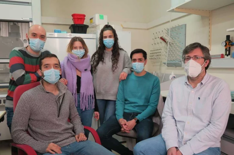Xose S. Puente (a la derecha de la imagen) con investigadores de su equipo en el laboratorio de Bioquímica de la Universidad de Oviedo. Firma: COVADONGA DÍAZ