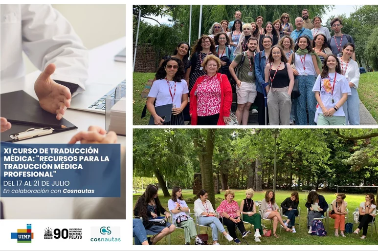 Cartel anunciador y fotografías de grupo con los profesores y alumnos del XI Curso de Traducción Médica organizado por la UIMP y la plataforma Cosnautas.