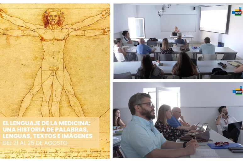 Cartel anunciador y dos vistas del aula durante el curso de verano "El lenguaje de la medicina".